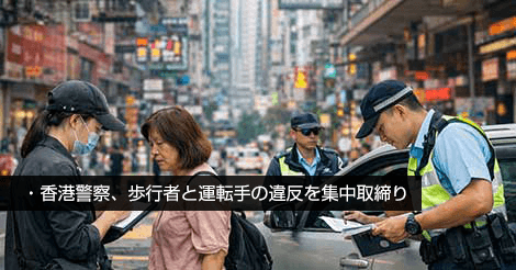 香港警察、歩行者と運転手の違反を集中取締り