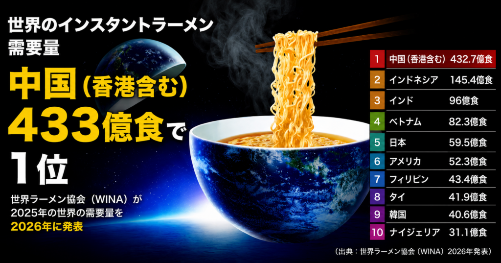 世界のインスタントラーメン需要量、中国1位